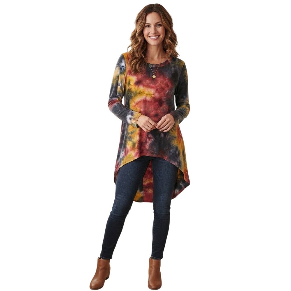 Rae Mode Tie Dye Top Womens 2XL Red Orange High Low Pullover Stretch Comfy USA